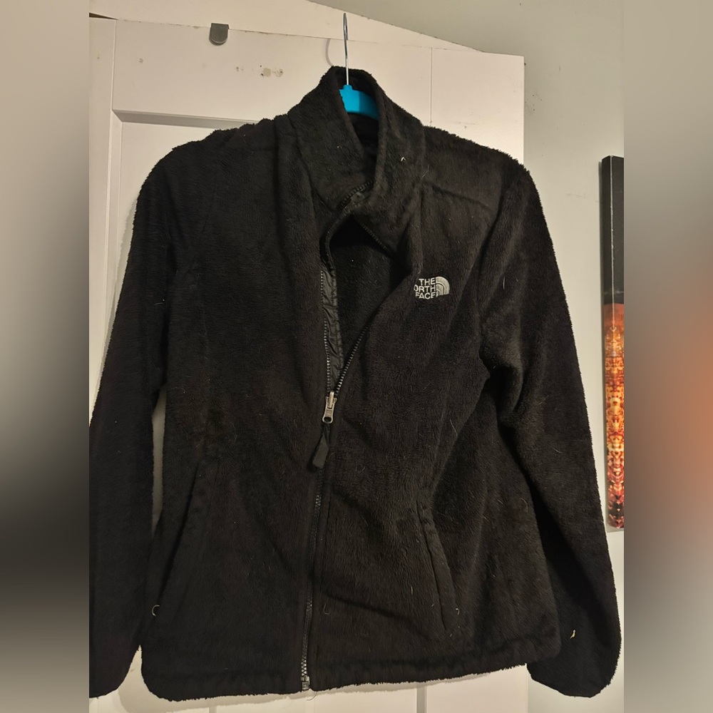 Fuzzy black zip up Northface jacket